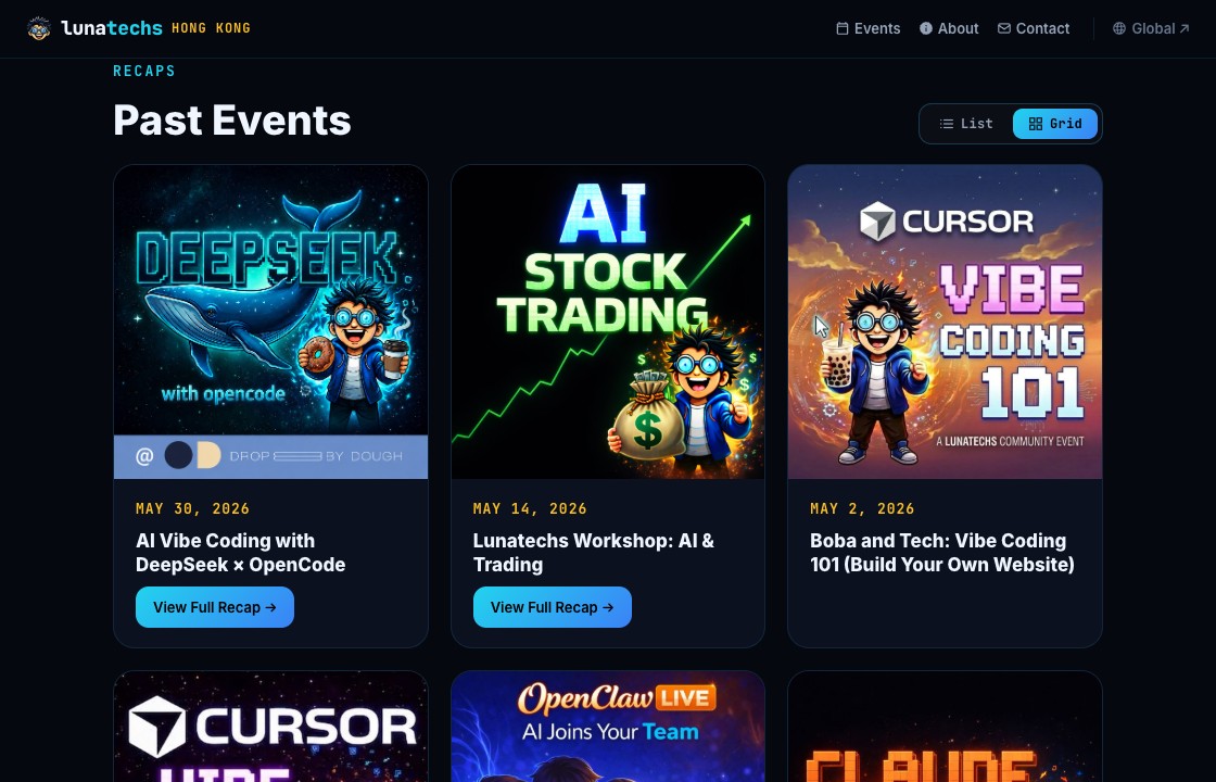 Past events shown as a neat grid of cards with a list/grid toggle