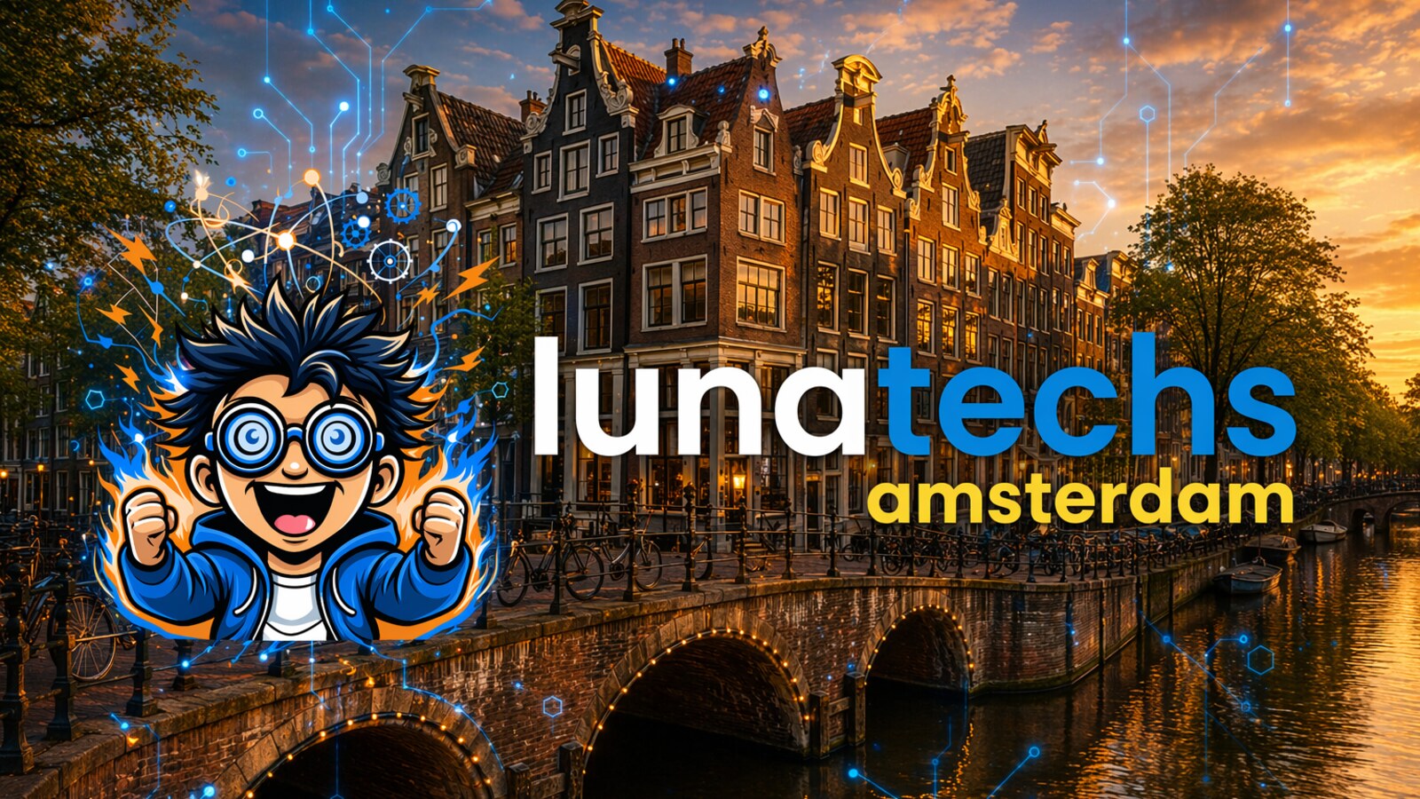 Lunatechs Amsterdam chapter logo over the canals and gabled houses
