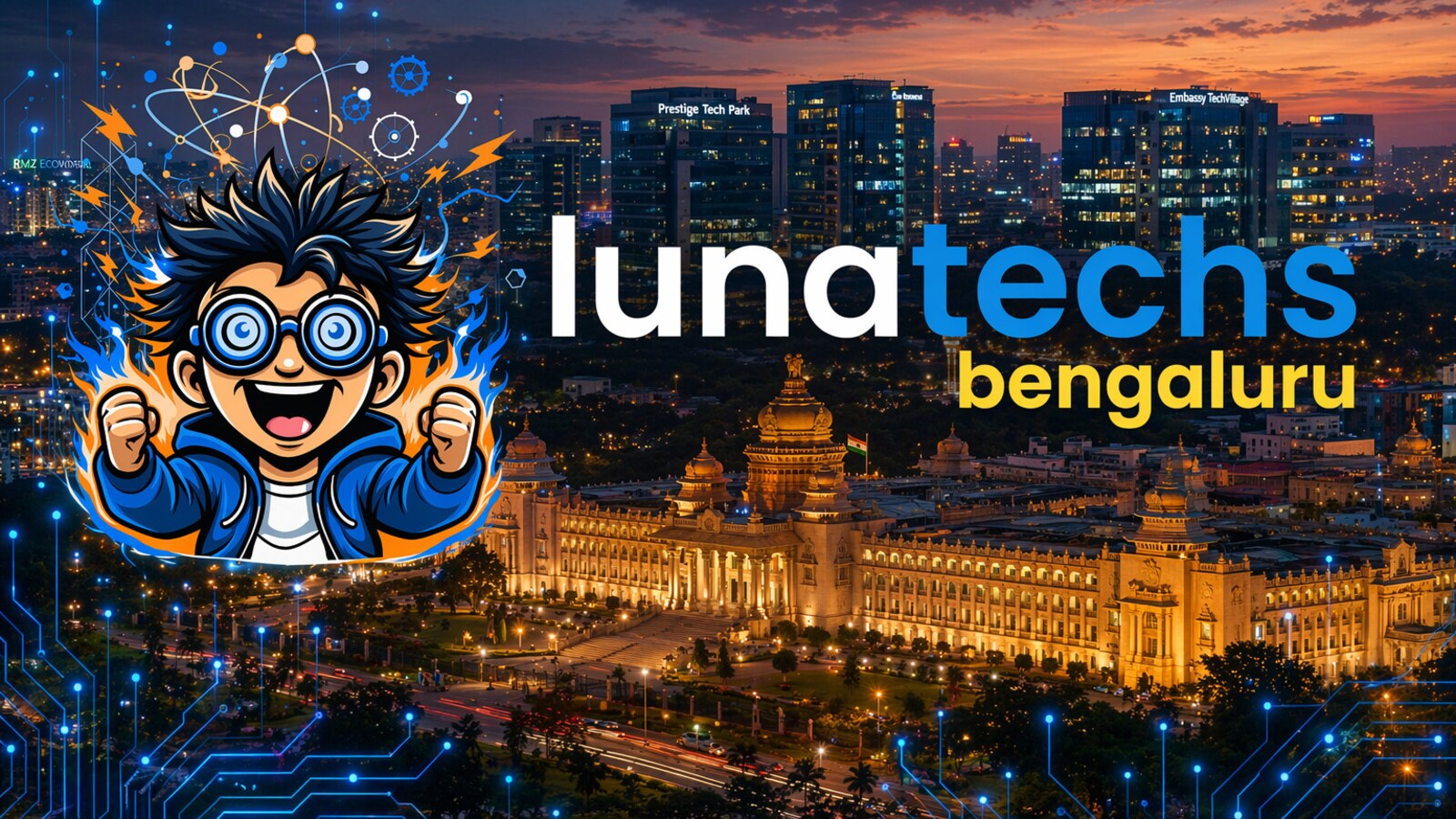 Lunatechs Bengaluru chapter logo over the Vidhana Soudha and tech parks