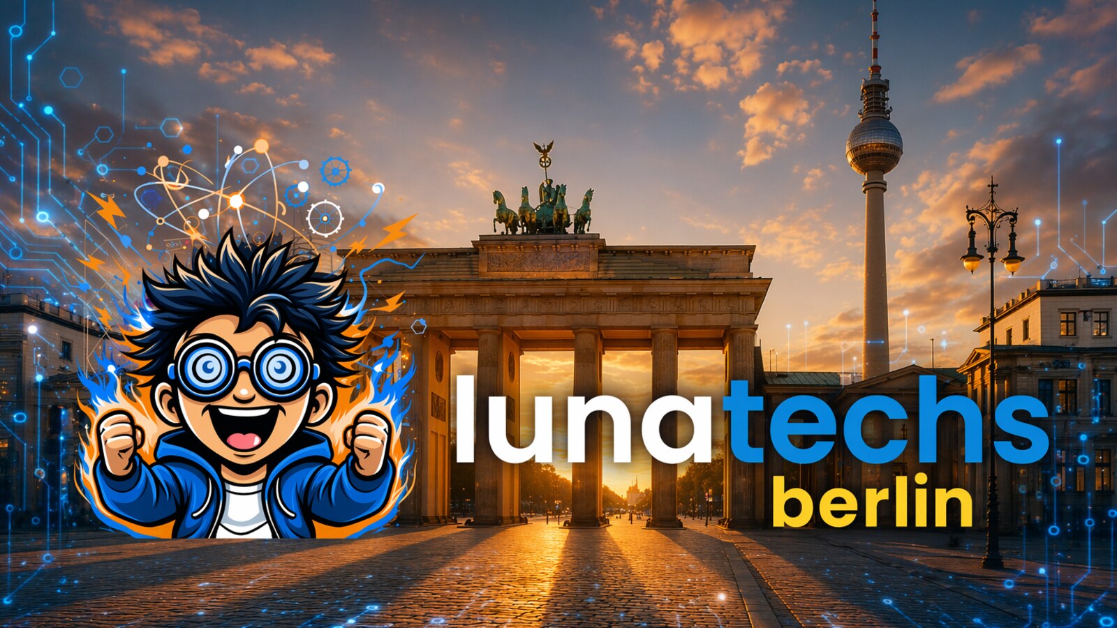 Lunatechs Berlin chapter logo over the Brandenburg Gate and TV tower