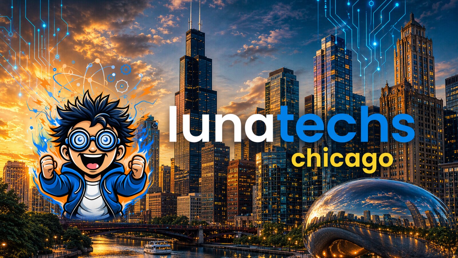 Lunatechs Chicago chapter logo over the skyline and Cloud Gate