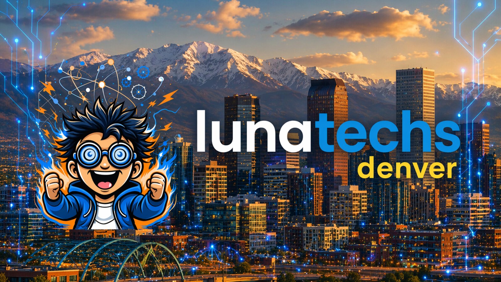 Lunatechs Denver chapter logo over the skyline and Rocky Mountains