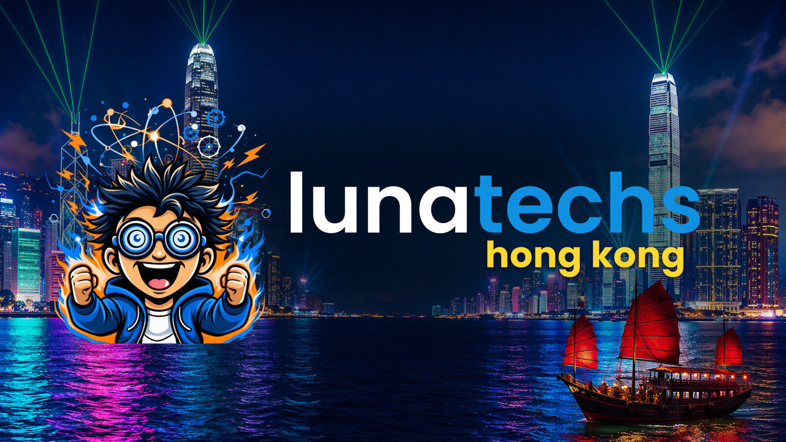Lunatechs Hong Kong chapter logo over the Victoria Harbour skyline at night