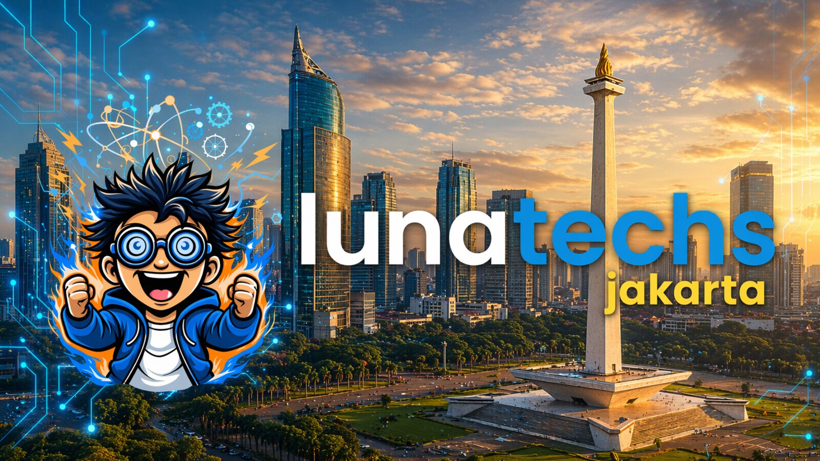 Lunatechs Jakarta chapter logo over the National Monument and the city skyline