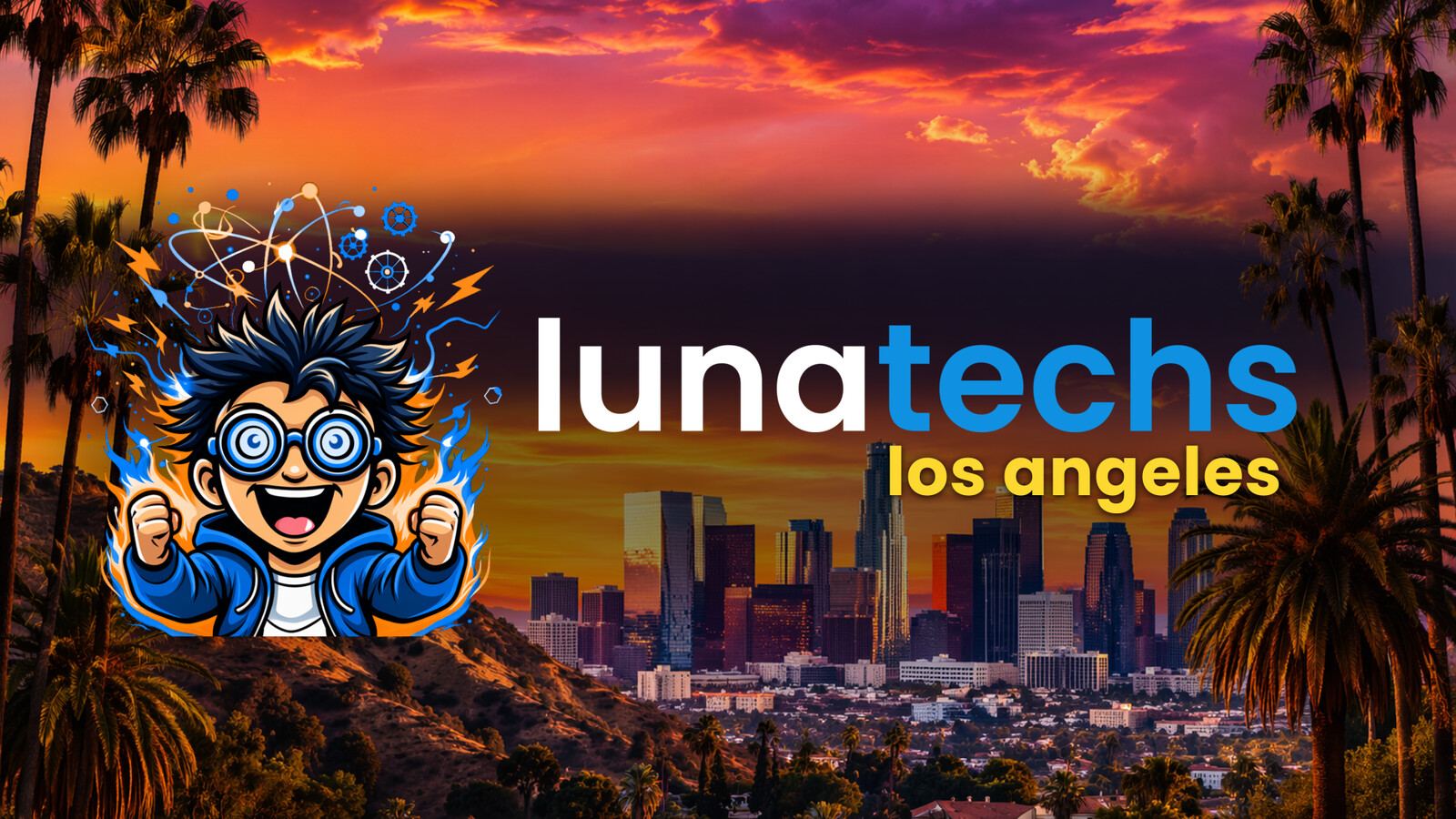 Lunatechs Los Angeles chapter logo over the downtown LA sunset skyline