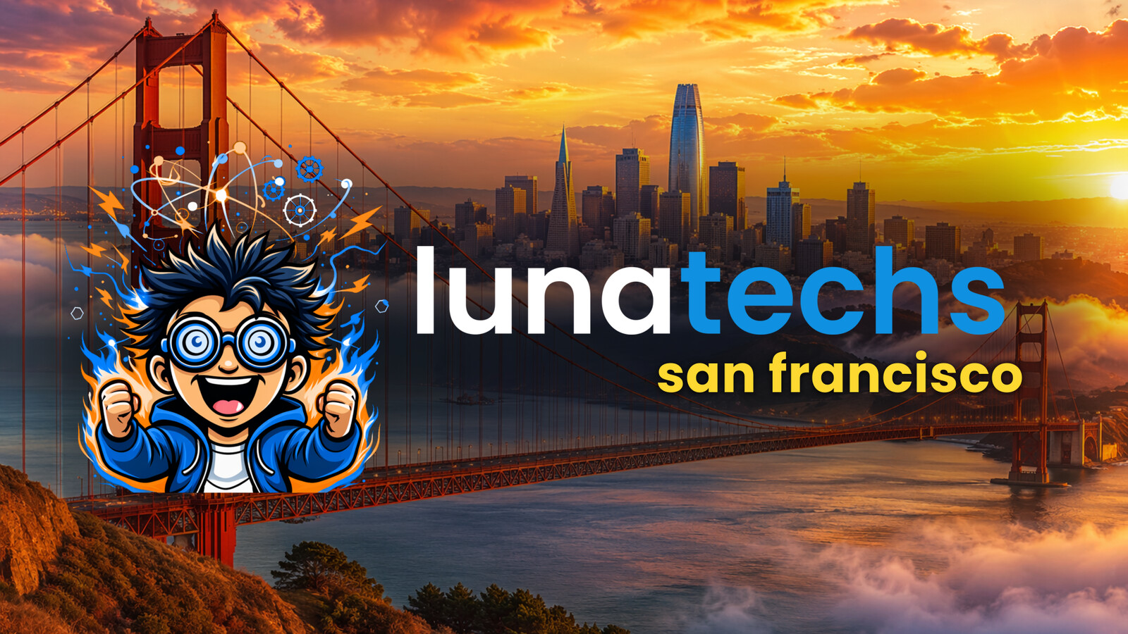 Lunatechs San Francisco chapter logo over the Golden Gate Bridge at sunset