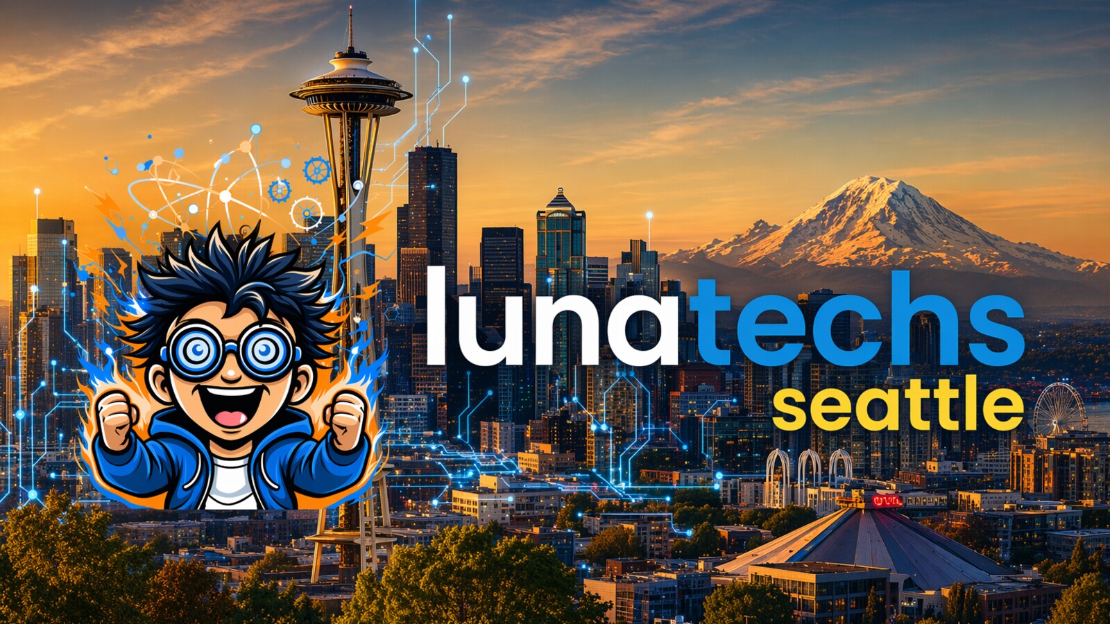 Lunatechs Seattle chapter logo over the Space Needle and Mount Rainier