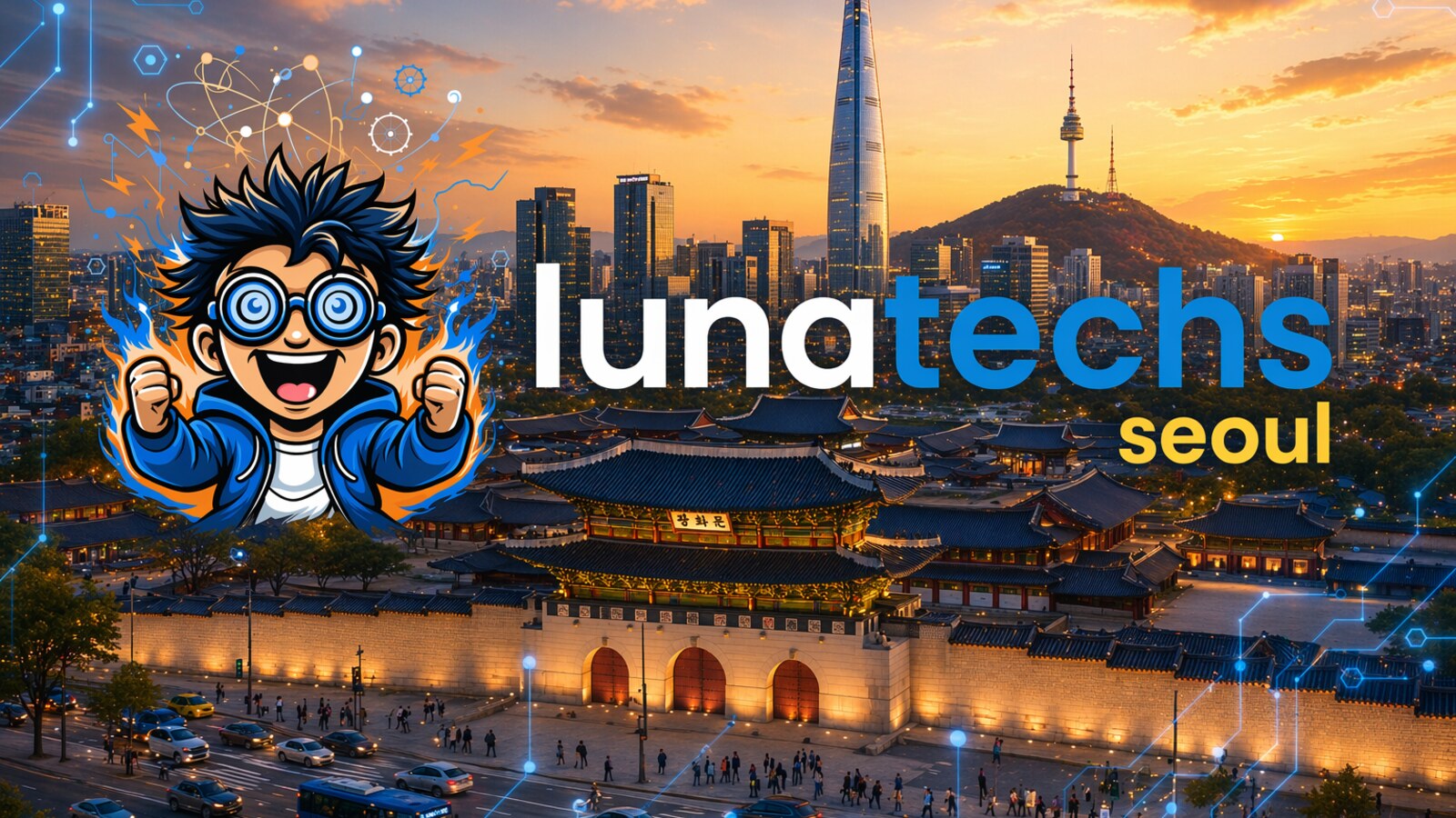 Lunatechs Seoul chapter logo over N Seoul Tower and the Han River