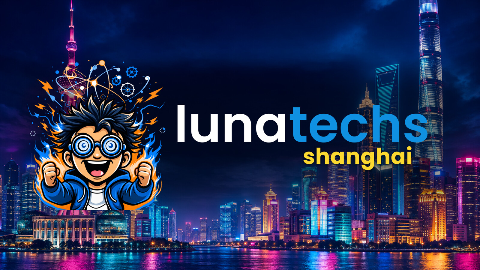 Lunatechs Shanghai chapter logo over the Pudong skyline at night