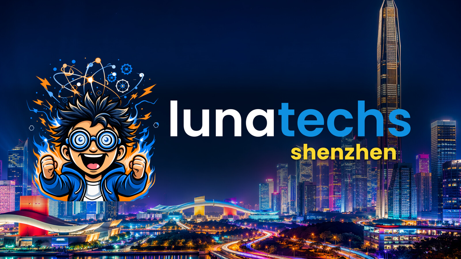 Lunatechs Shenzhen chapter logo over the neon Shenzhen skyline