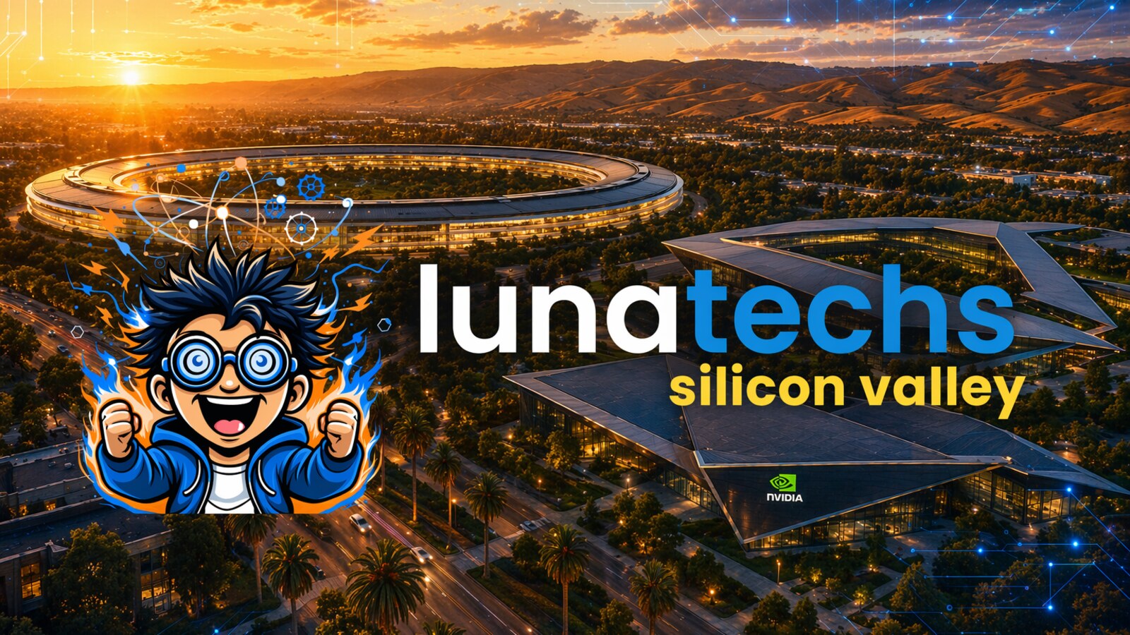 Lunatechs Silicon Valley chapter logo over Apple Park and Nvidia headquarters at golden hour