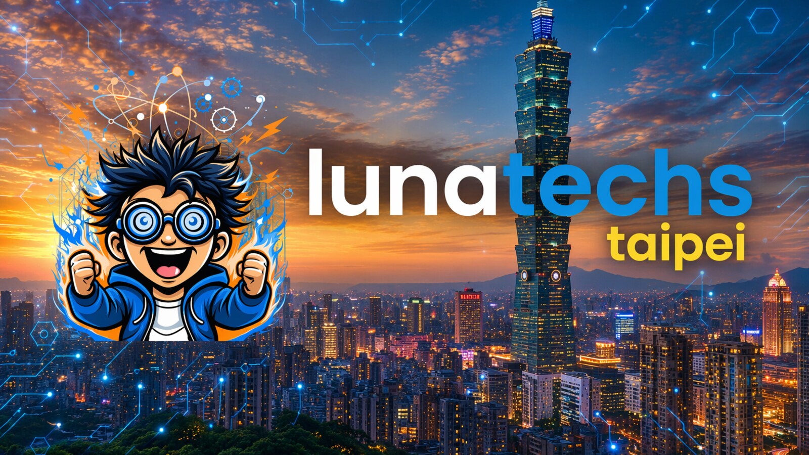 Lunatechs Taipei chapter logo over Taipei 101 and the city skyline