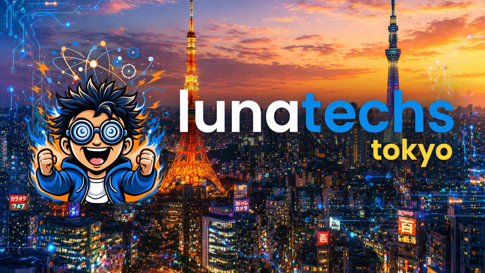 Lunatechs Tokyo chapter logo over Tokyo Tower and the neon skyline